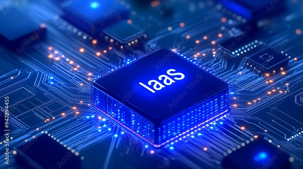 Poster close-up of a microchip with the word iaas on a circuit board, representing cloud infrastructure as 