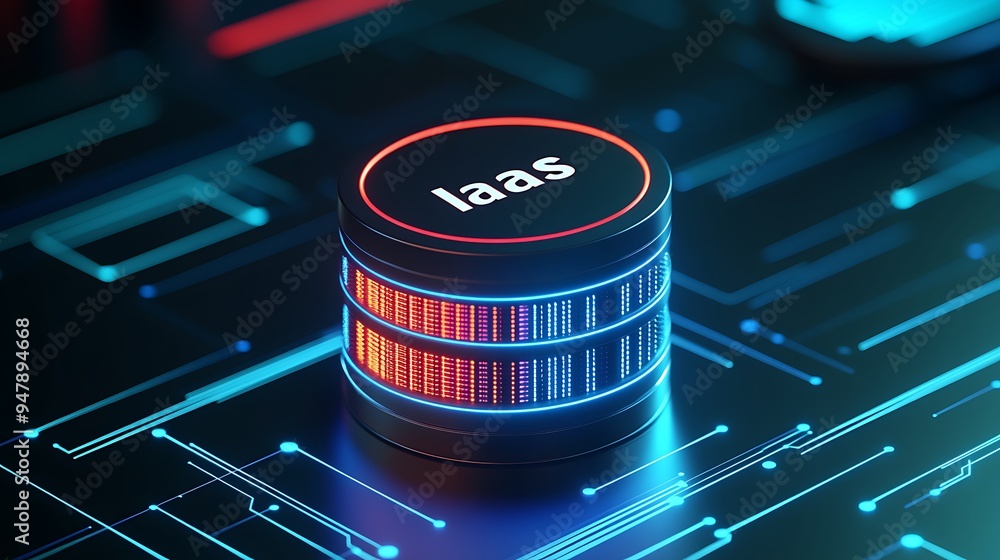 Poster close-up of a technologically advanced ai data storage iaas concept with bright, colorful lights on 