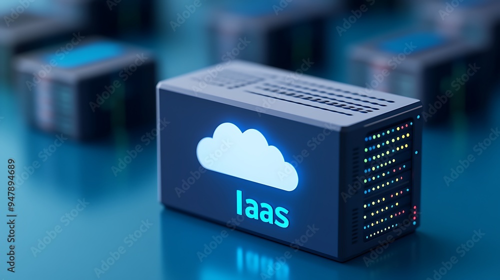 Poster close-up of a server with an iaas icon on a blue background, representing infrastructure as a servic
