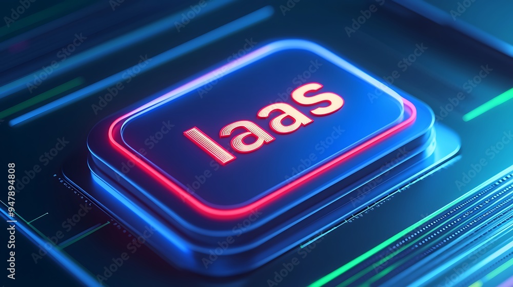 Poster close-up of an iaas inscription on a futuristic, glowing button symbolizing infrastructure as a serv