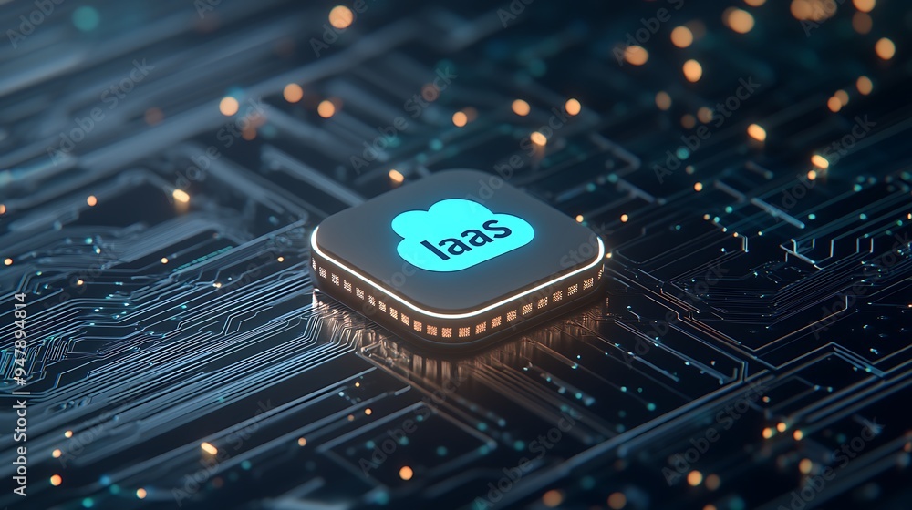 Poster close-up of an iaas (infrastructure as a service) chip on a digital circuit board, symbolizing cloud