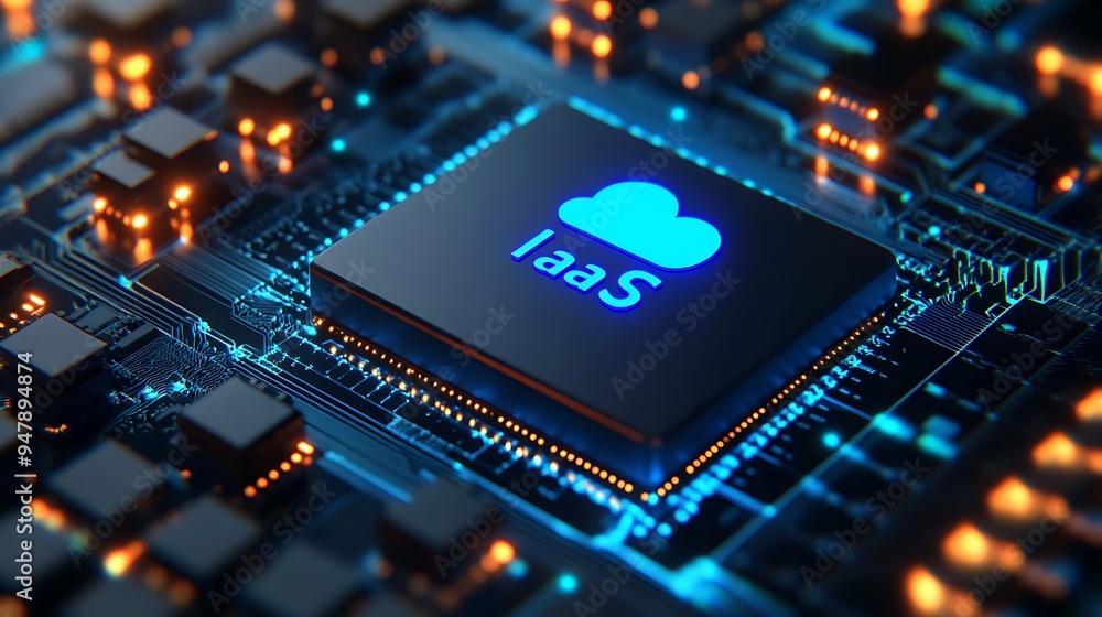 Poster close-up of an infrastructure as a service (iaas) on a microchip, glowing lights, representing moder