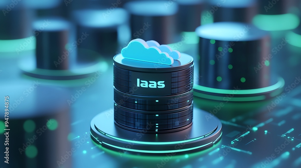 Poster close-up of cloud computing server infrastructure with futuristic network interface and iaas represe