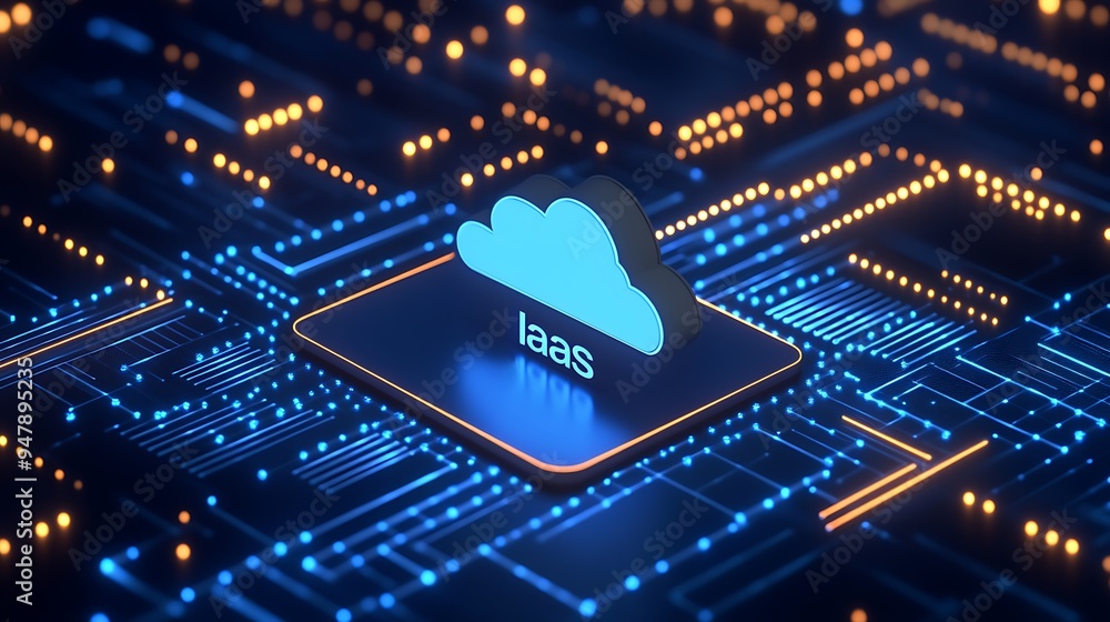 Poster closeup of cloud computing symbol on a glowing circuit board, representing iaas (infrastructure as a