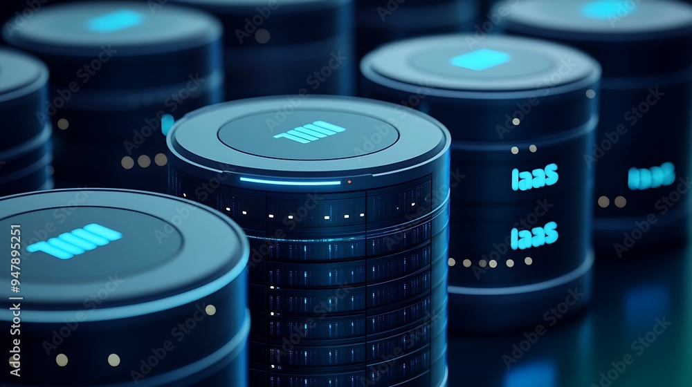 Poster close-up of futuristic data storage servers with glowing blue lights, representing modern technology