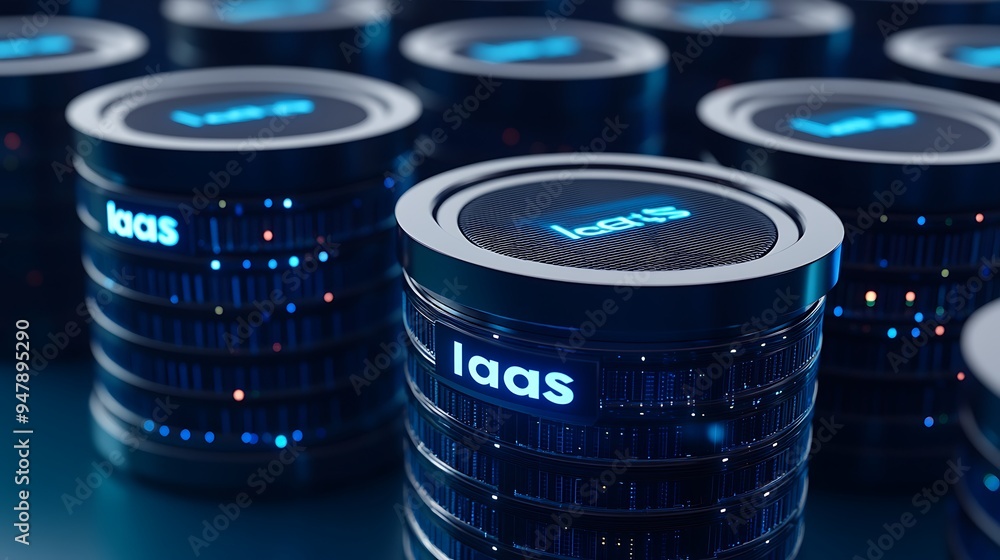Poster close-up of futuristic cloud computing storage solutions featuring multiple dark servers labeled iaa