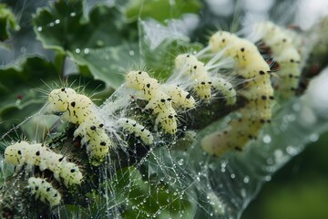 Fototapeta premium Caterpillars Nestled in Webs on a Leafy Branch