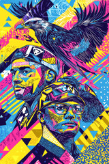 Bold and Bright: Two Men and an Eagle in a Neon Color Explosion. A vibrant illustration of two men with an eagle, all rendered in a striking neon color palette, symbolizing strength and creativity.
