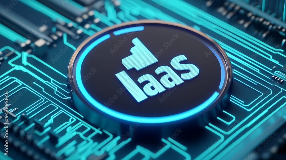 Poster close-up of iaas icon on a blue circuit board, representing infrastructure as a service in cloud com
