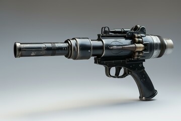 Futuristic blaster pistol with a long barrel and a worn metal finish rests on a neutral background
