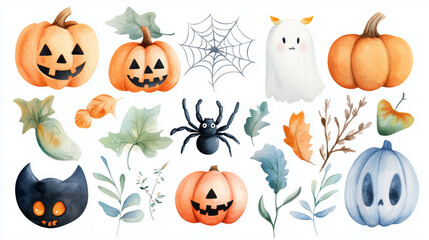 halloween set of cute watercolor pumpkins, spiders, bats and other decorations on white background