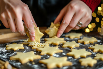 person is making cookies with a star shape on them. The cookies are on a wooden table and there are many of them