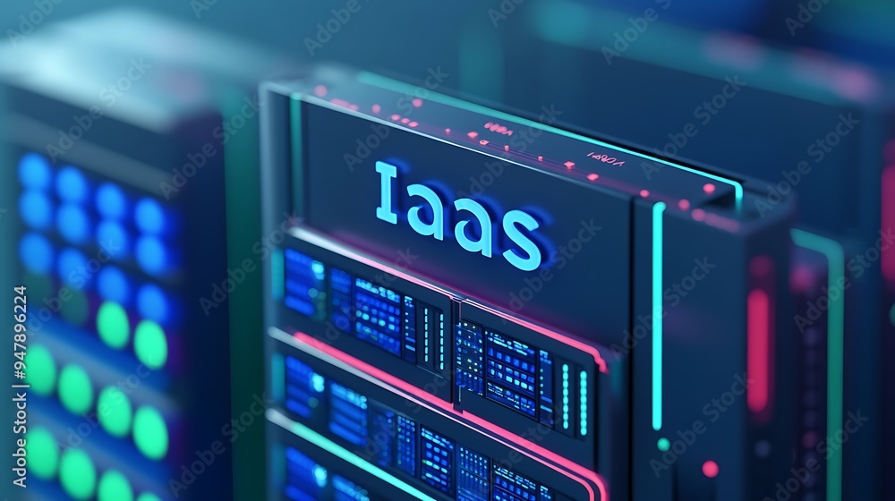 Poster close-up of modern iaas server infrastructure with glowing lights in a data center, illustrating clo