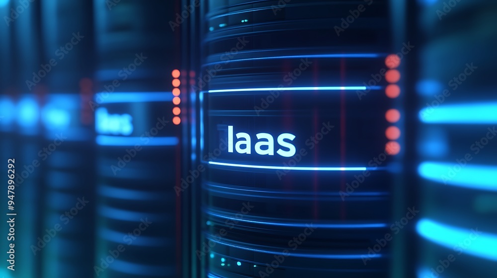 Poster close-up of servers in a data center with iaas written on the front, highlighting infrastructure-as-