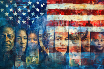 Diverse Faces of America in a Patriotic Collage. A digital painting featuring a blend of diverse American faces of different ages, ethnicities, and genders interwoven with the American flag.
