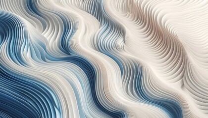 Abstract blue and white wave, curve patterns flowing through a soft landscape background with gentle light.