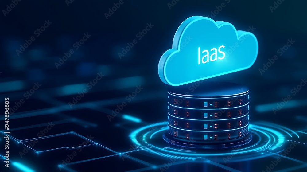 Poster cloud computing concept image with iaas representation, featuring a glowing server stack and integra
