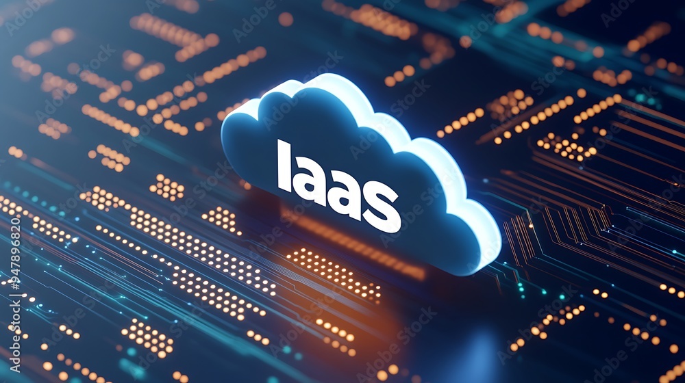Poster cloud computing concept of infrastructure as a service (iaas) with a digital cloud icon on a futuris
