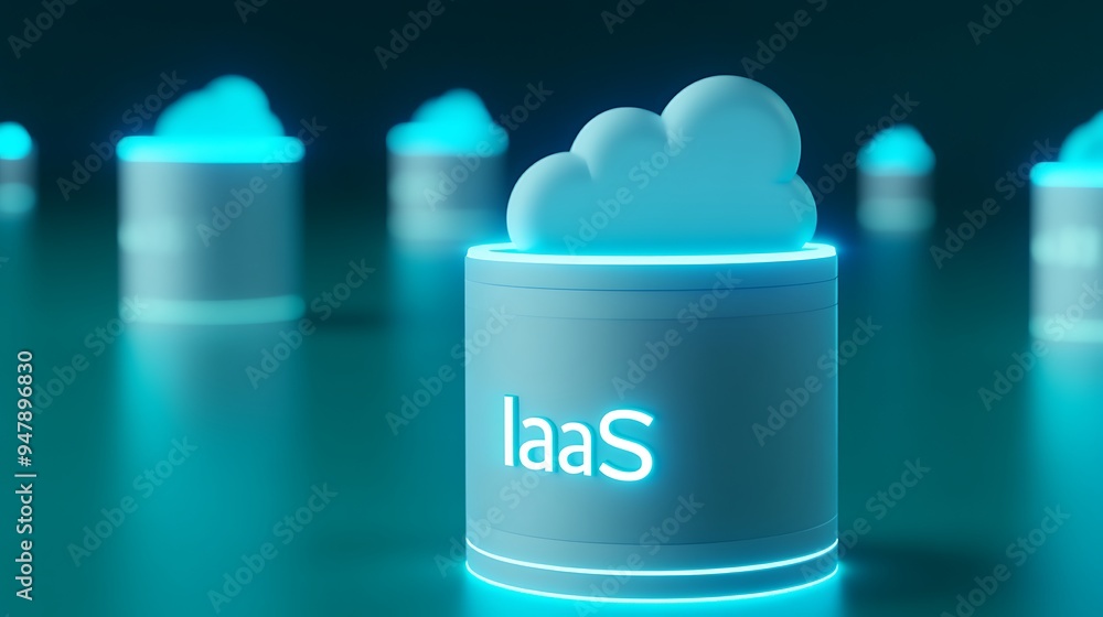 Poster cloud computing concept represented by glowing containers with 'iaas' label, depicting infrastructur