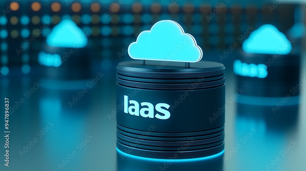 Poster cloud computing concept of infrastructure as a service (iaas) displayed with glowing cloud icons and