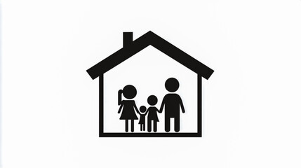Black-and-white icon of a family in a house with bold lines.