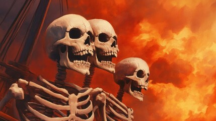 Skeleton crew, sailing through a storm, cursed treasure on deck, Watercolor style