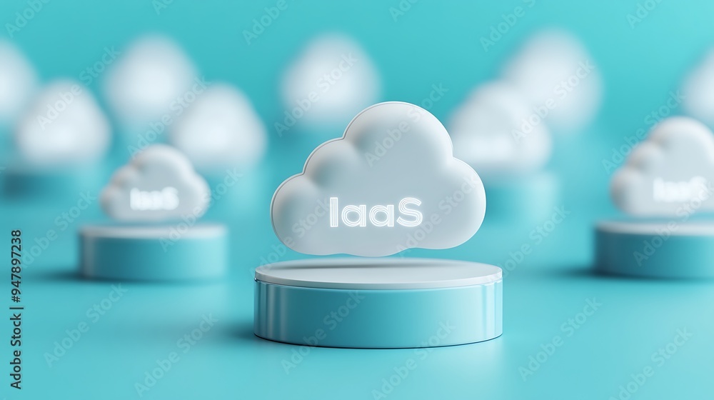 Poster cloud computing concept with abstraction of iaas (infrastructure as a service) in futuristic blue ba