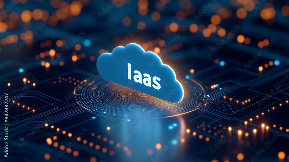 Poster Cloud computing concept with a blue cloud labeled 'IaaS' on a digital background representing Infrastructure as a Service technology.