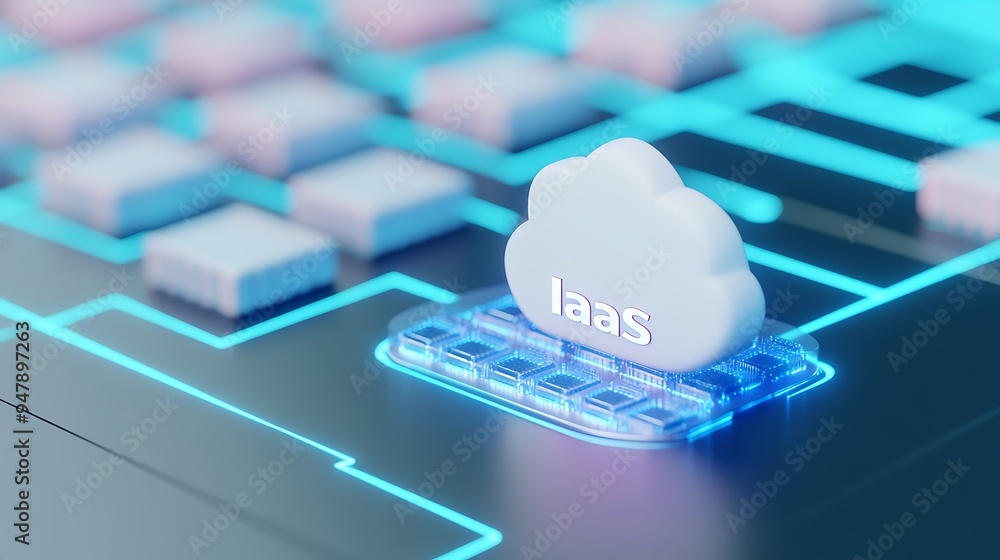 Poster Cloud computing concept with an IaaS symbol on a digital infrastructure background, representing infrastructure as a service technology.
