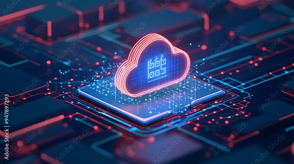 Poster cloud computing concept with glowing digital cloud icon on circuit board, representing data technolo