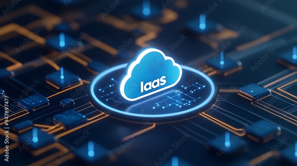 Poster cloud computing concept with glowing iaas icon in blue and orange circuit board background represent