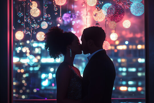 Romantic Kissing, Hugging Couple at Fireworks. African American People Celebrating Winter Holidays. Realistic Happy New Year Celebration Background. Romantic Kissing, Hugging Couple at Fireworks.