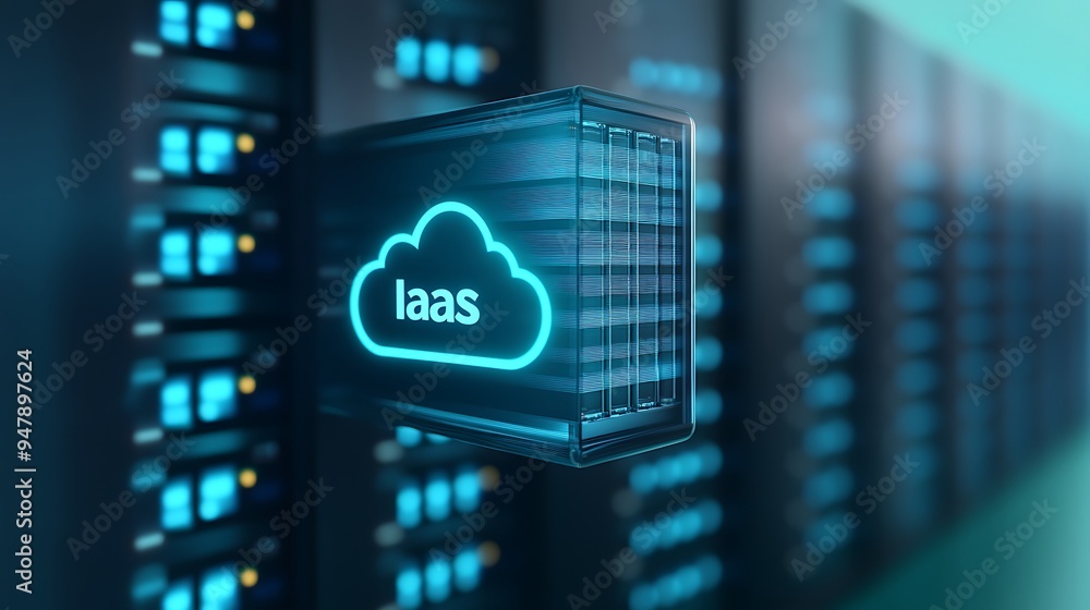Poster cloud computing concept with iaas, infrastructure as a service, displayed in a data center environme
