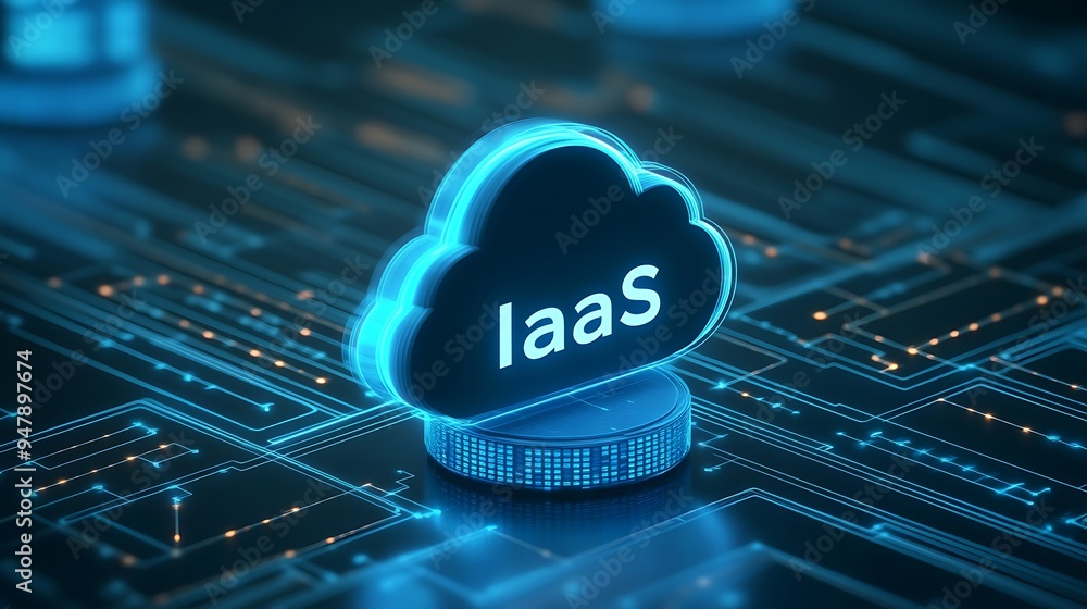 Poster cloud computing concept with iaas cloud icon on digital circuit background representing infrastructu