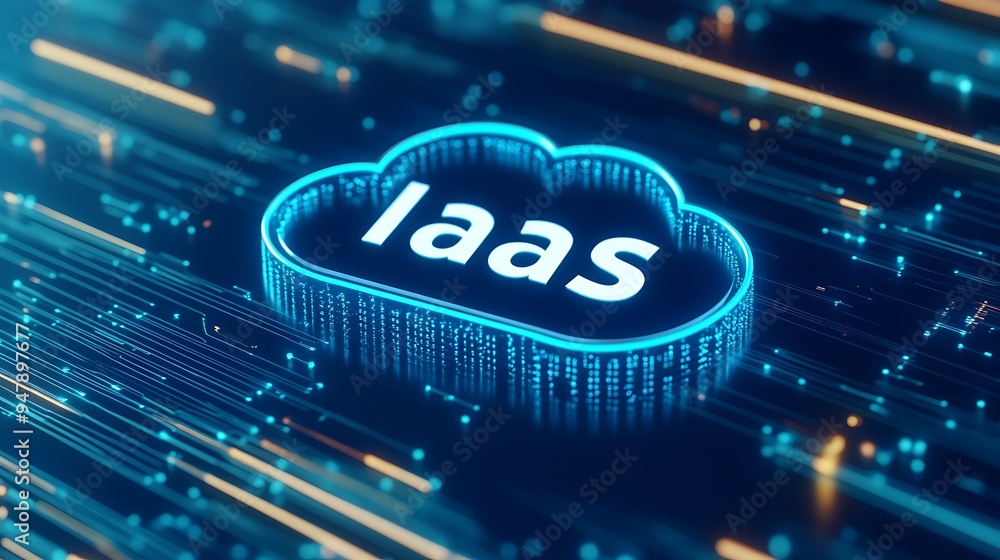 Poster cloud computing concept with iaas acronym, showcasing infrastructure as a service in a futuristic di