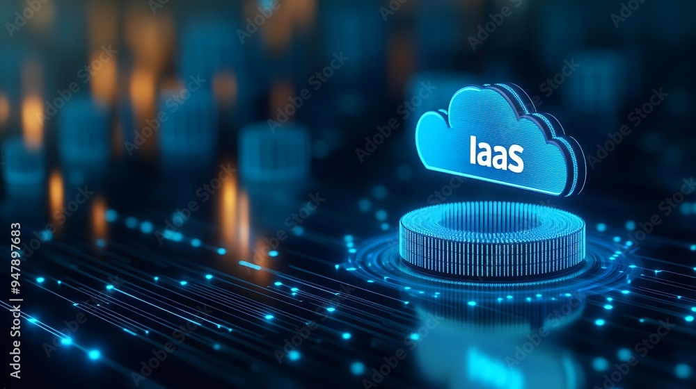 Poster cloud computing concept with iaas icon, representing cloud infrastructure and digital connectivity.