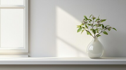 Simple glass vase on a sunlit windowsill, minimalist home decor concept