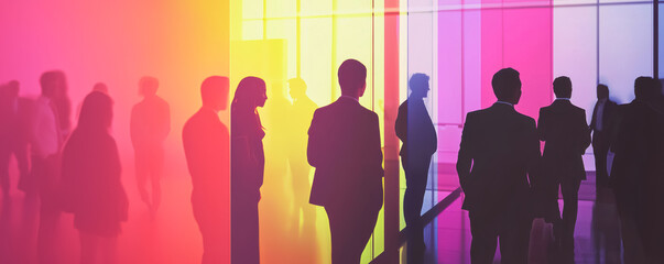A visually striking image of silhouetted business people surrounded by overlapping vibrant color filters, capturing the essence of corporate dynamism through modern art.