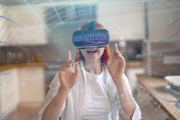 Woman Immersed in Virtual Reality in  Modern Kitchen, Exploring New Digital Experiences