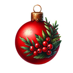 A red ornament with green leaves and berries on it. The ornament is a Christmas decoration. Watercolor style isolated