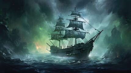 Fototapeta premium A dramatic pirate ship sails through dark, stormy waters, surrounded by ominous clouds and eerie green light.