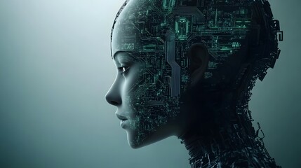 Obraz premium Exploring the Intricate Fusion of Human Silhouette and Complex Circuitry in a Digital Representation of Artificial Intelligence and Technology