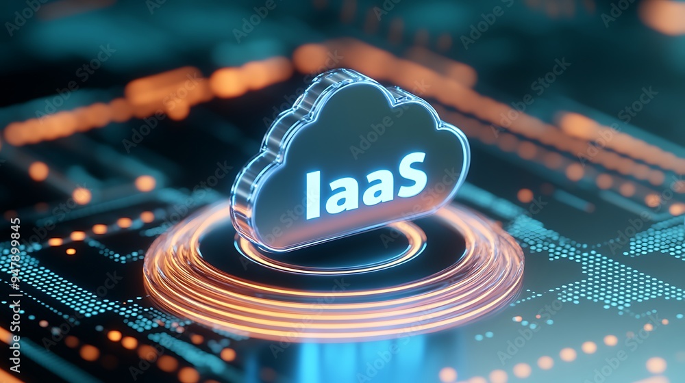 Poster cloud computing iaas concept with a glowing cloud icon on a futuristic digital background, showcasin