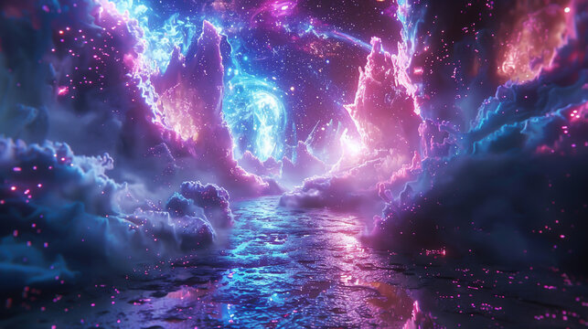 Imaginative computer game with magical elements, front view, showcasing a fantastical gaming world, futuristic tone, vivid