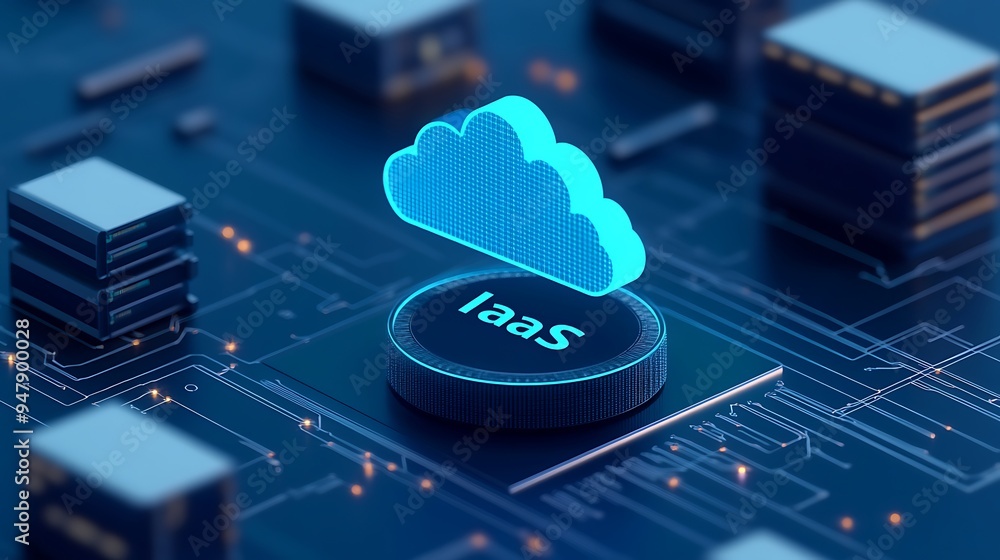 Poster cloud computing iaas concept with glowing digital cloud icon on circuit board, representing scalable