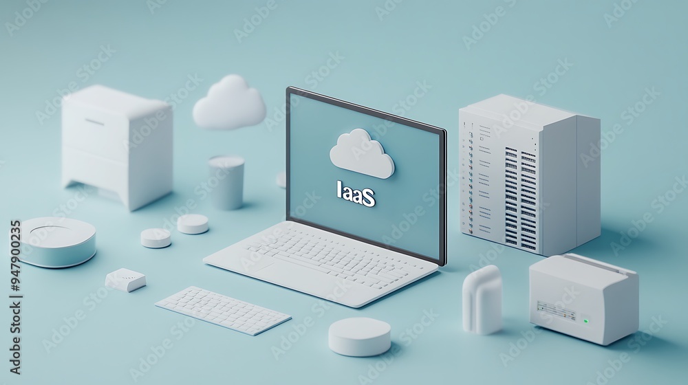 Poster cloud computing illustration with laptop and cloud icons representing iaas infrastructure-as-a-servi