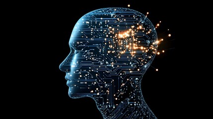 Obraz premium Exploring the Intricate Fusion of Human Silhouette and Complex Circuitry in a Digital Representation of Artificial Intelligence and Technology