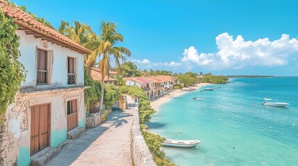 Fototapeta premium A bustling seaside village with vivid houses, towering palm trees, and the calm turquoise sea stretching out under a bright sky