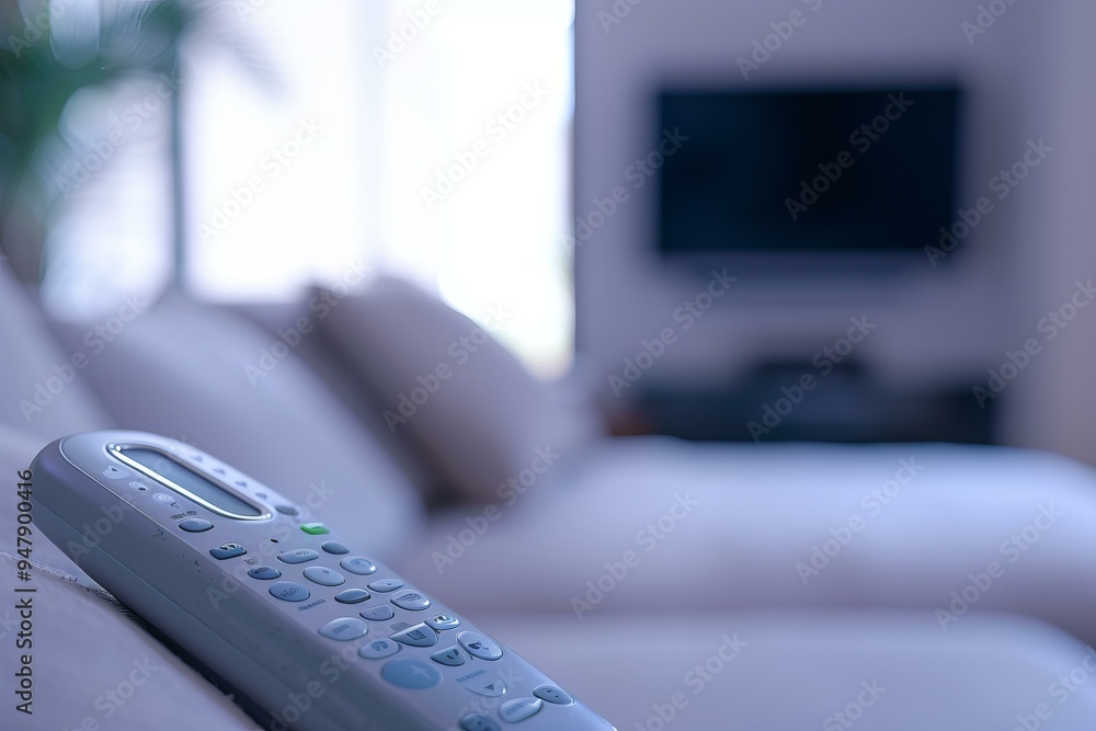 Poster remote control lying on sofa with tv in background