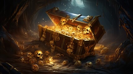A mysterious treasure chest filled with gold and skulls, situated in a dimly lit cave, evoking adventure and danger.